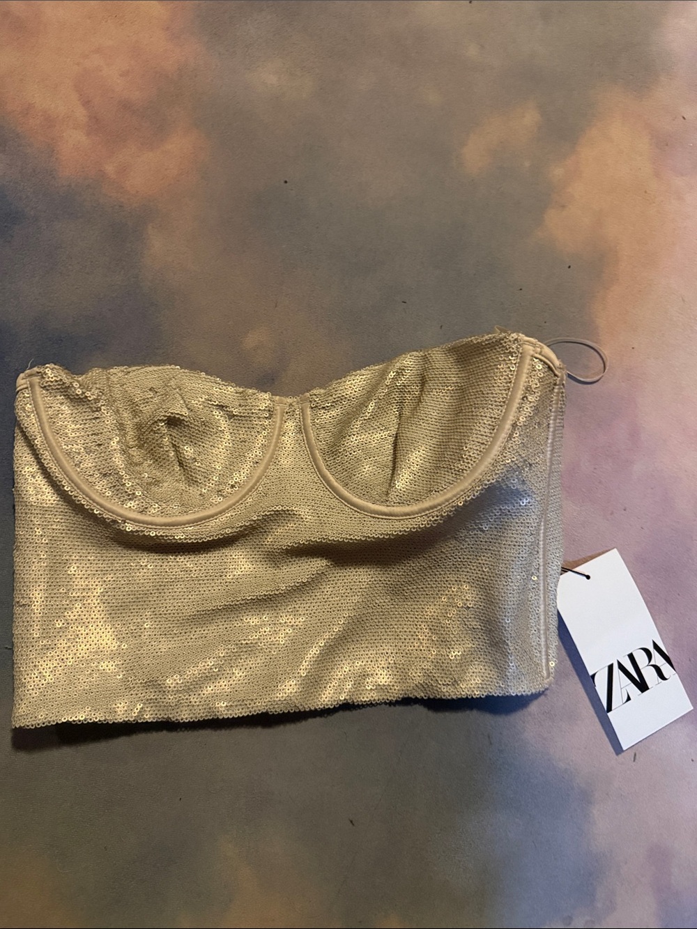 ZARA Gold Sequin Strapless Bustier Bandeau
